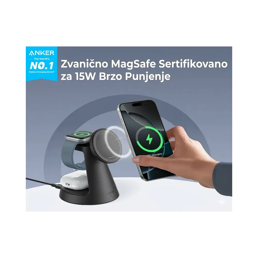 MagGo Bežični Dock Stand 3u1, sa kablovima i zidnim punjačem, crni