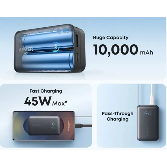 Nano 10000mAh, 45W, sa ugrađenim USB-C kablom na izvlačenje, Power Bank crni