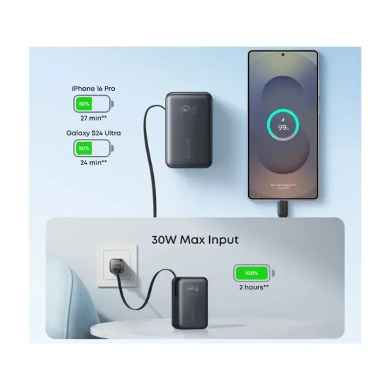 Nano 10000mAh, 45W, sa ugrađenim USB-C kablom na izvlačenje, Power Bank crni