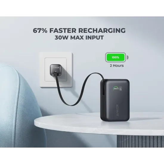 Nano 10000mAh, 45W, sa ugrađenim USB-C kablom na izvlačenje, Power Bank crni