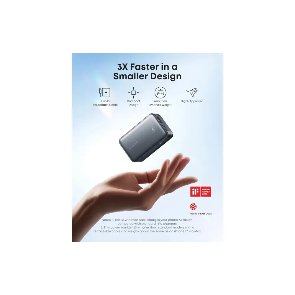 Nano 10000mAh, 45W, sa ugrađenim USB-C kablom na izvlačenje, Power Bank crni