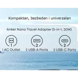 Nano 20W putni zidni punjač 5-portova (2x USB-A, 2x USB-C, utičnica EU na US, UK, AU i EU), crni