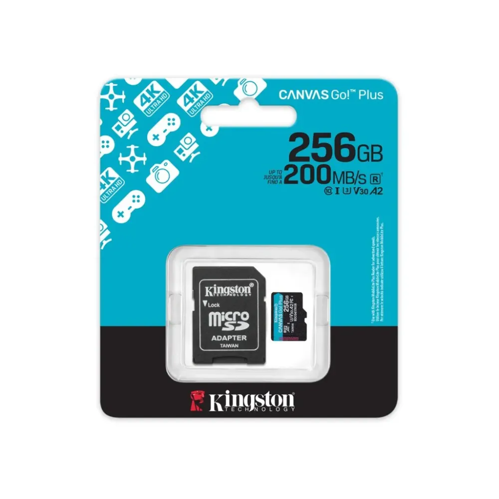 KINGSTON Micro SDXC 256GB Canvas Go! Plus C10 + SD Adapter, A2, V30, U3, 200/160 MB/s Read/Write, 4K