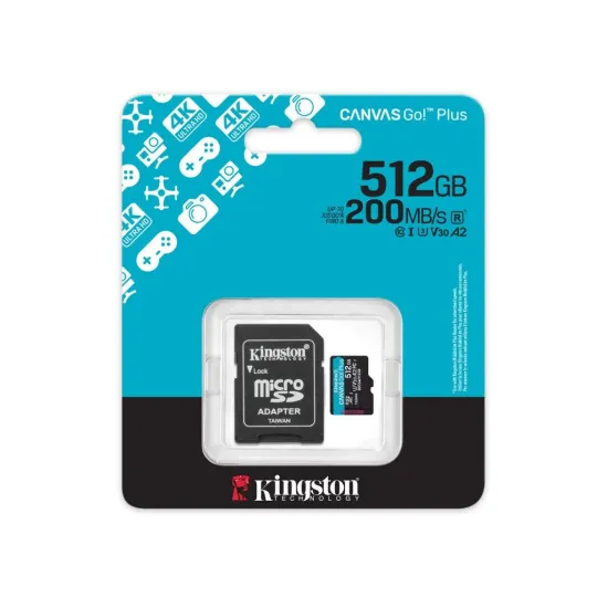 KINGSTON Micro SDXC 512GB Canvas Go! Plus C10 + SD Adapter, A2, V30, U3, 200/160 MB/s Read/Write, 4K