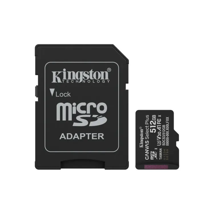KINGSTON Micro SDXC 512GB CANVAS Select Plus C10 + SD Adapter, A1, U3, V30 up to 150 MB/s , UHS-I