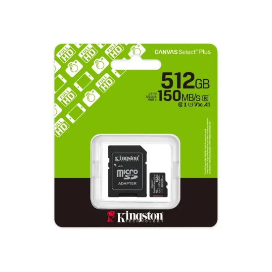 KINGSTON Micro SDXC 512GB CANVAS Select Plus C10 + SD Adapter, A1, U3, V30 up to 150 MB/s , UHS-I