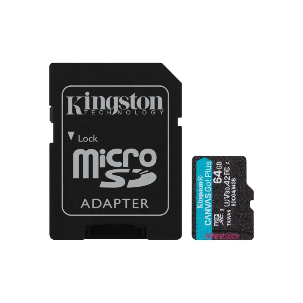 KINGSTON Micro SDXC 64GB Canvas Go! Plus C10 + SD Adapter, A2, V30, U3, up to 200 MB/s, 4K UHD