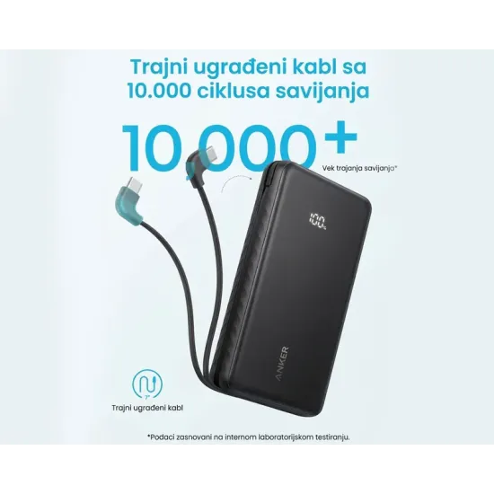 Zolo 20000mAh, 22.5W, sa ugrađenim USB-C kablom, Power Bank crni
