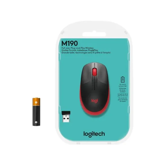 LOGITECH M190 Red Wireless Mouse, Full Size Curve Design, 18-month battery life (AA battery)