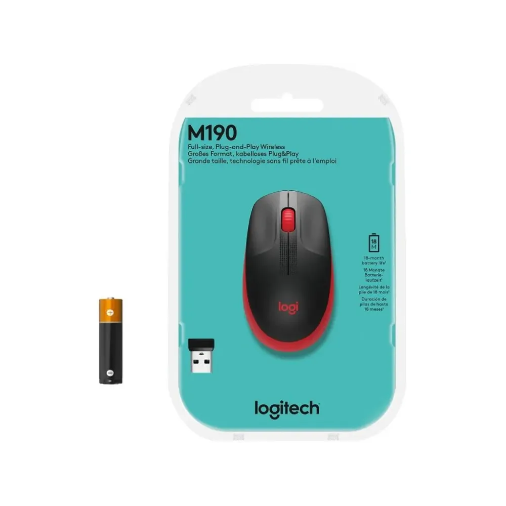 LOGITECH M190 Red Wireless Mouse, Full Size Curve Design, 18-month battery life (AA battery)