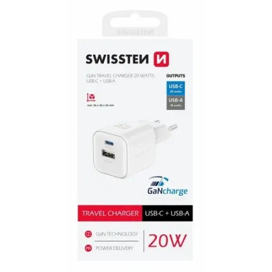 Swissten Travel charger 1x USB-C 20W PD, 1x USB-A 18W QC white