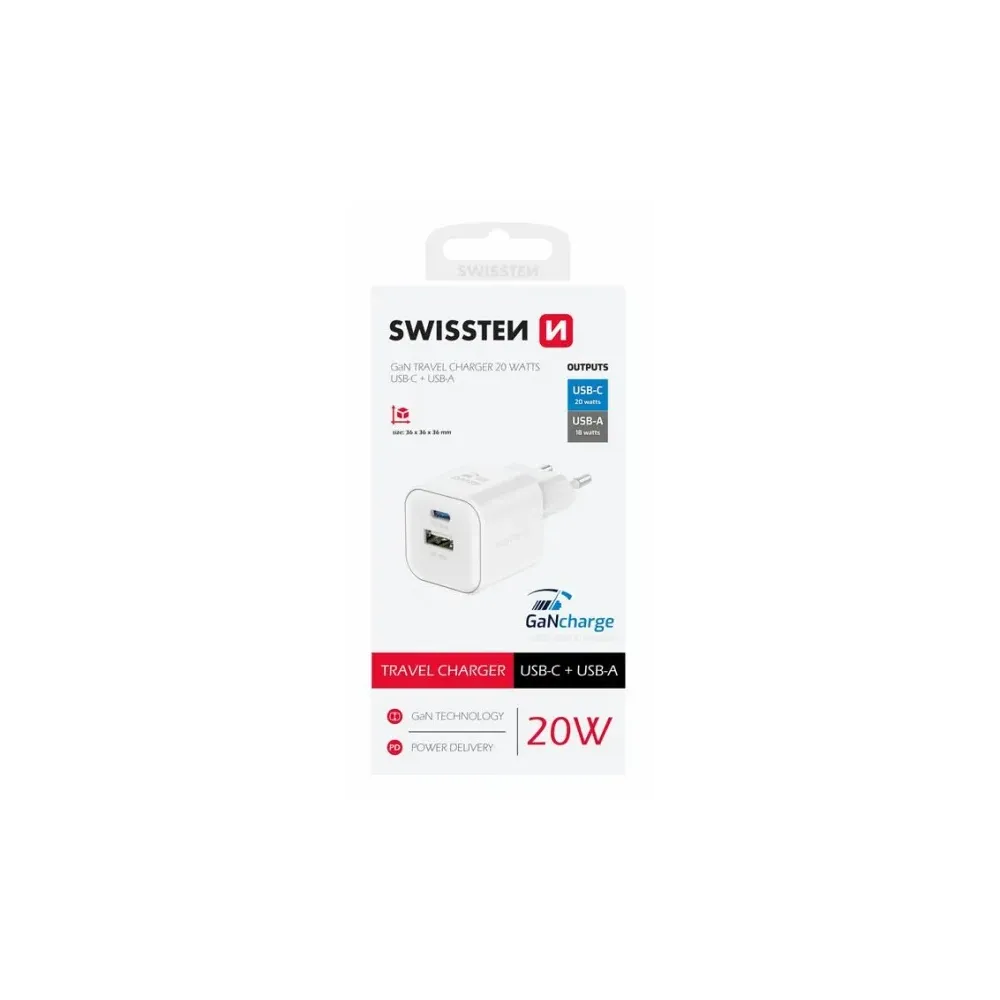 Swissten Travel charger 1x USB-C 20W PD, 1x USB-A 18W QC white