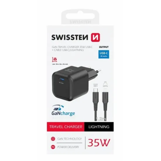 Swissten Travel charger 1x USB-C 35W PD black, data cable USB-C/Lightning 1.2 M, black
