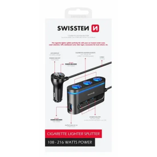 Swissten Car charger adapter, cigarette lighter 3x CL, 2x USB-C PD, 1x USB-A QA (108W- 216W)