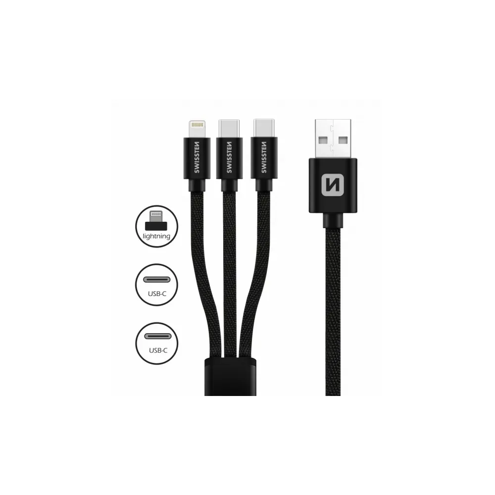 Swissten Data cable textile 3in1 1,2m, Black (Lighting, 2x USB-C)