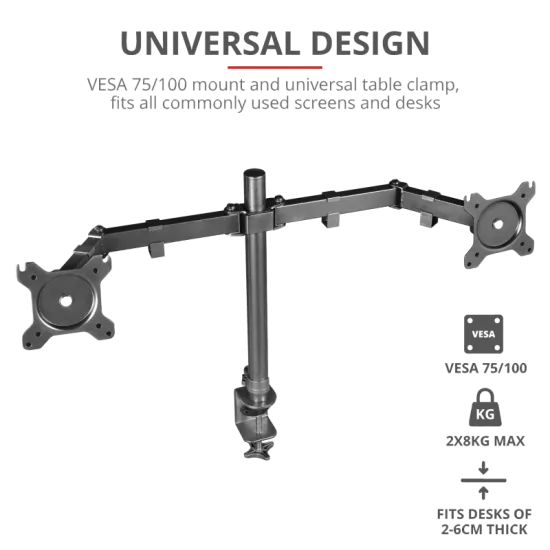 TRUST GXT 1120 Mara Dual Monitor Arm, VESA 75x75mm, 100x100mm, max 2x8kg weight, up to 32