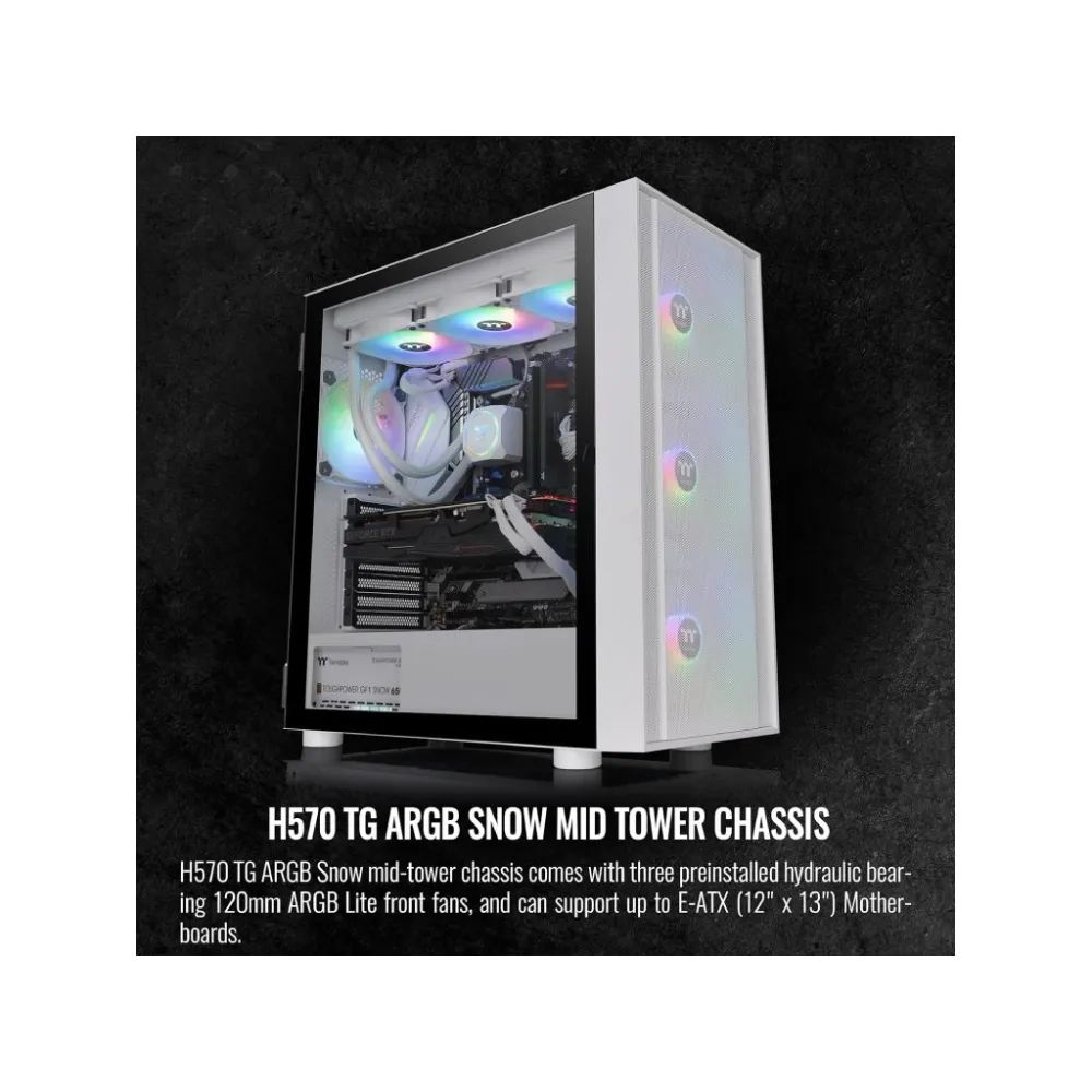 THERMALTAKE H570 TG Snow ARGB Mid Tower, Tempered Glass/Mesh Front Panel/120mm ARGB Lite Fan*3/USB