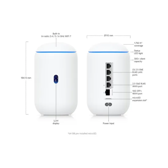 UBIQUITI Dream Router 7 Desktop 10G Cloud Gateway WiFi 7,PoE switch, 3x 2.5G LAN ports, 64GB microSD