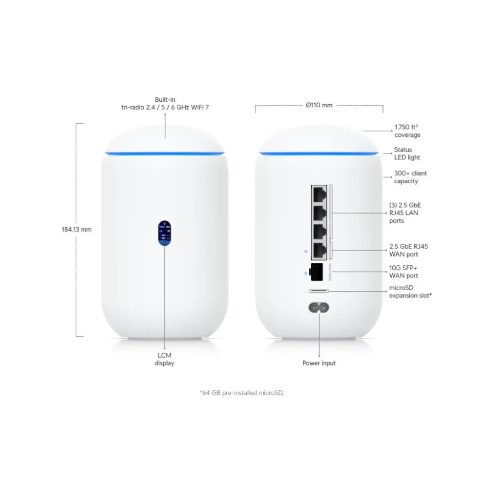 UBIQUITI Dream Router 7 Desktop 10G Cloud Gateway WiFi 7,PoE switch, 3x 2.5G LAN ports, 64GB microSD