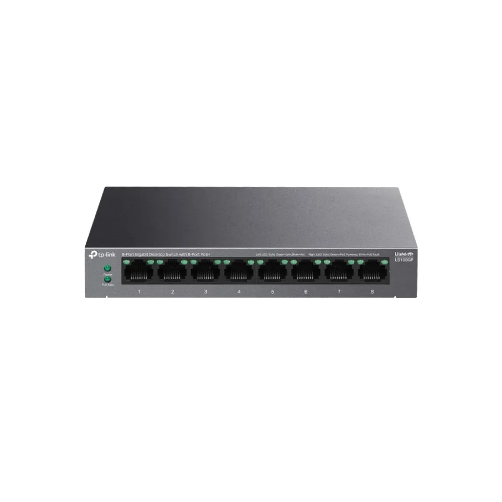 TP-LINK LS108GP 8-Port Gigabit Desktop Switch with 8-Port PoE+ , 62 W PoE Budget, Metal Casing