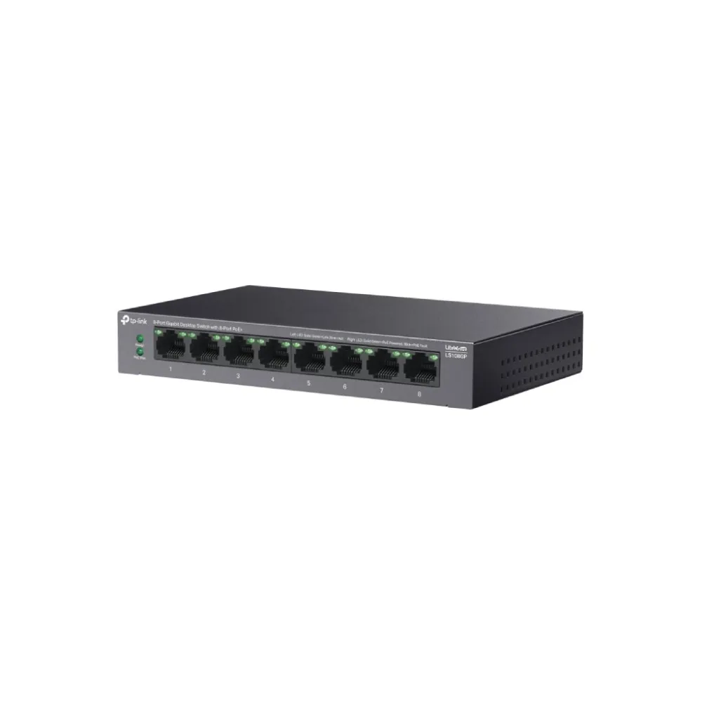TP-LINK LS108GP 8-Port Gigabit Desktop Switch with 8-Port PoE+ , 62 W PoE Budget, Metal Casing