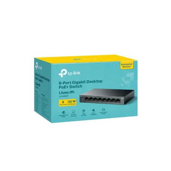 TP-LINK LS108GP 8-Port Gigabit Desktop Switch with 8-Port PoE+ , 62 W PoE Budget, Metal Casing