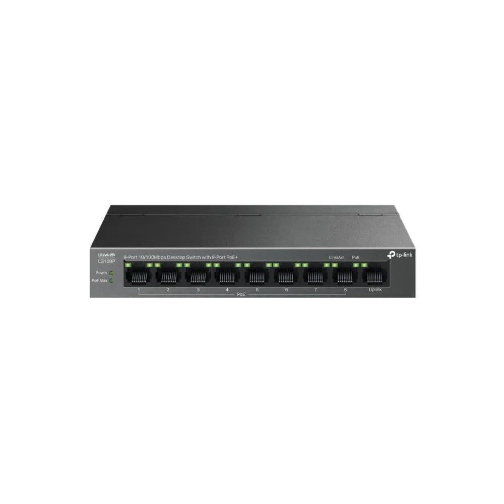 TP-LINK LS109P 9-Port 10/100Mbps Desktop Switch with 8-Port PoE+, 63 W PoE Budget, Up to 250 m