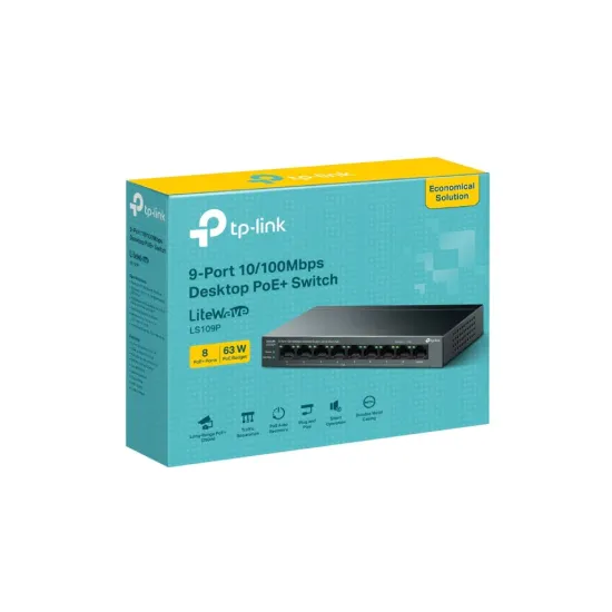 TP-LINK LS109P 9-Port 10/100Mbps Desktop Switch with 8-Port PoE+, 63 W PoE Budget, Up to 250 m
