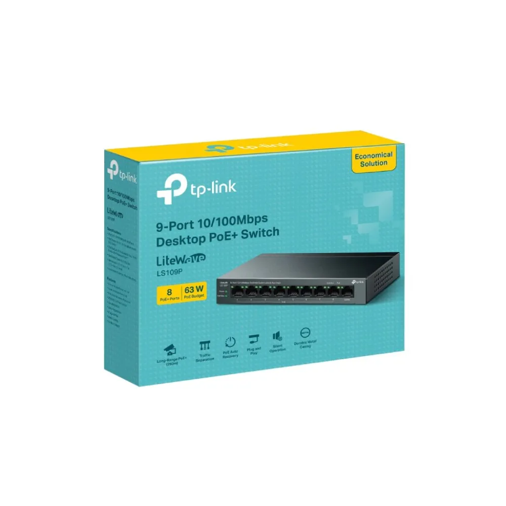 TP-LINK LS109P 9-Port 10/100Mbps Desktop Switch with 8-Port PoE+, 63 W PoE Budget, Up to 250 m