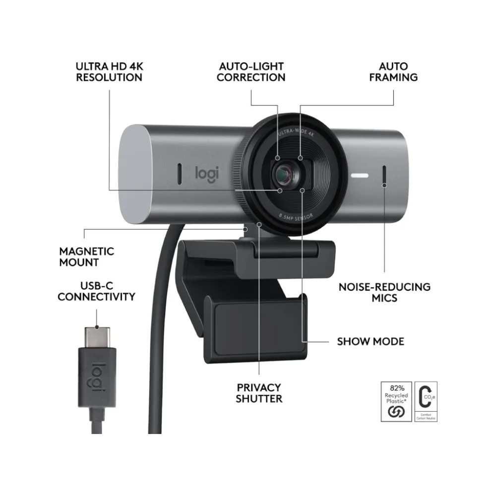 LOGITECH MX Brio 4K Ultra HD Streaming Webcam, 4K/30fps, Advanced Autofocus, 8.5MP Sony STARVIS