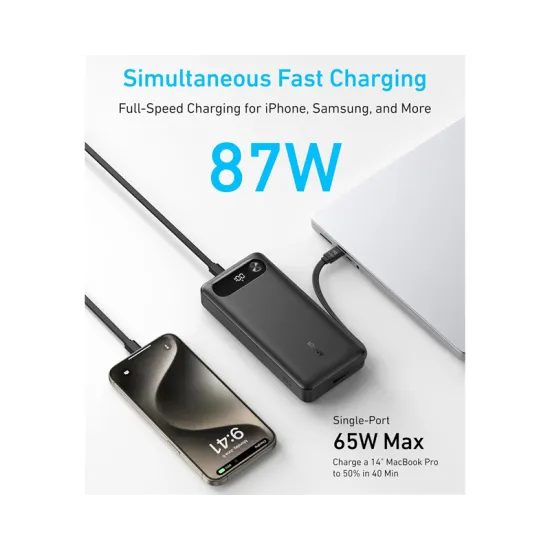 20000mAh, 87W, sa ugrađenim USB-C kablom na izvlačenje, Power Bank crni
