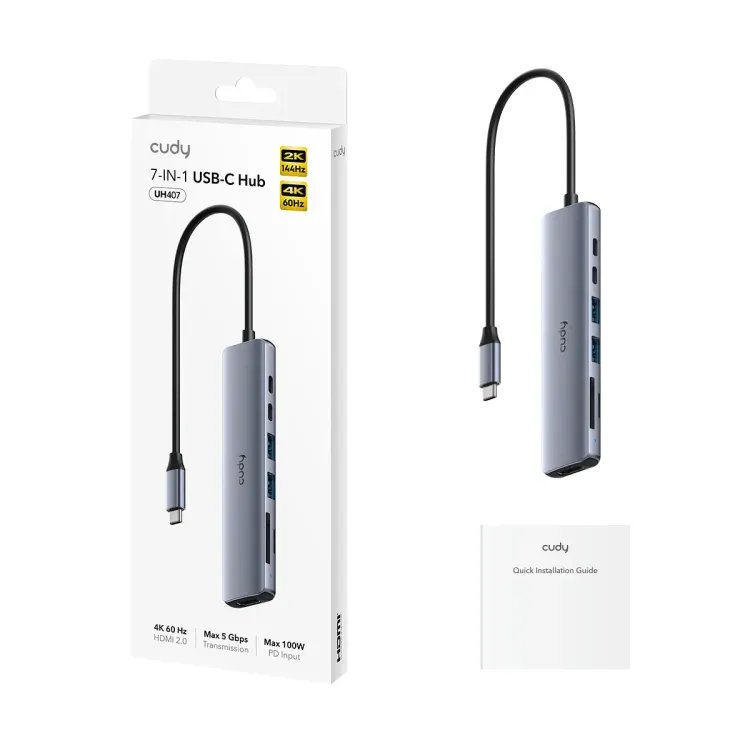 CUDY HUB 7-in-1 1x HDMI 4K, 1x USB Type-C PC 100W, 1x USB Type-C, 2x USB A 3.2, 1x FT slot, 1x SDXC slot
