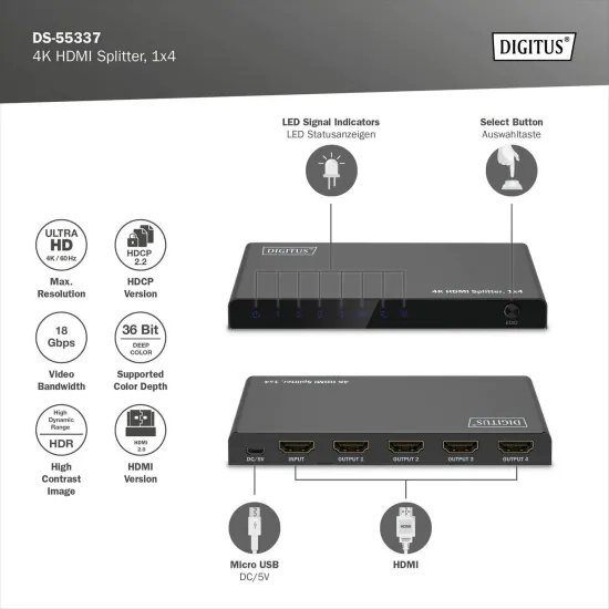 Digitus HDMI Splitter 4K, 1x4, 4K@60Hz