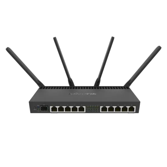 Mikrotik Router RB4011iGS+5HacQ2HnD-IN Powerful 10xGigabit port with a Quad-core 1.4Ghz CPU, 1GB RAM, SFP+ 10Gbps cage, dual ban