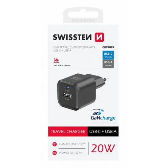 Swissten Travel charger 1x USB-C 20W PD, 1x USB-A 18W QC, black