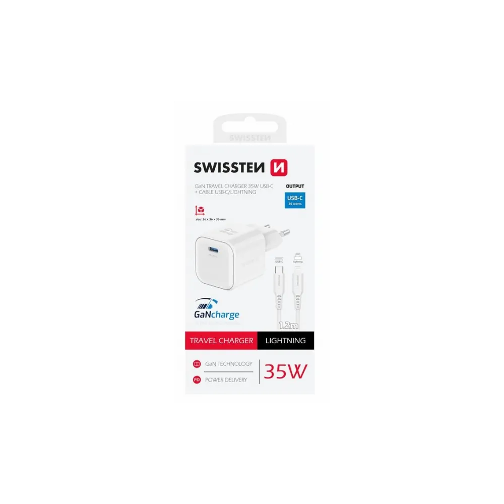 Swissten Travel charger 1x USB-C 35W PD white, data cable USB-C/Lightning 1.2, white