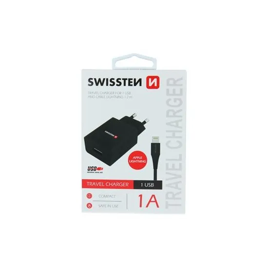 Swissten Travel charger smart IC with 1x USB 1A, data cable USB/Lightning 1.2 M, black