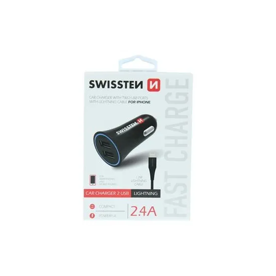Swissten Car charger 2.4A Power, 2x USB + cable lightning