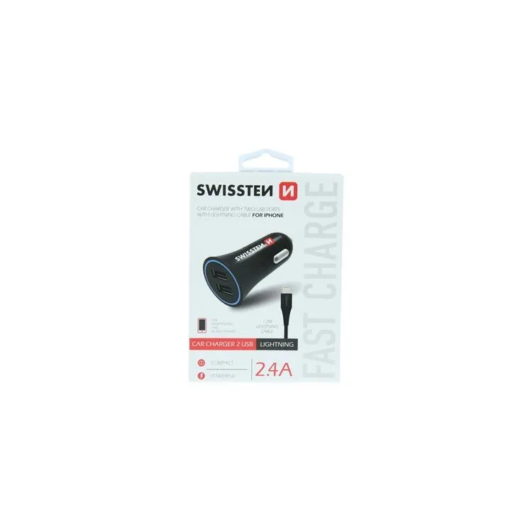 Swissten Car charger 2.4A Power, 2x USB + cable lightning