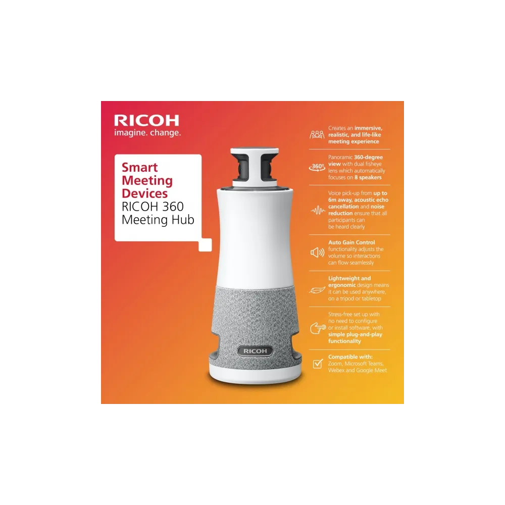 PFU Ricoh Conference system 360 Meeting hub, 3-in-1, 360, Plug-and-Play Conference Camera/Microphone/Speaker, Camera 1920x1080,