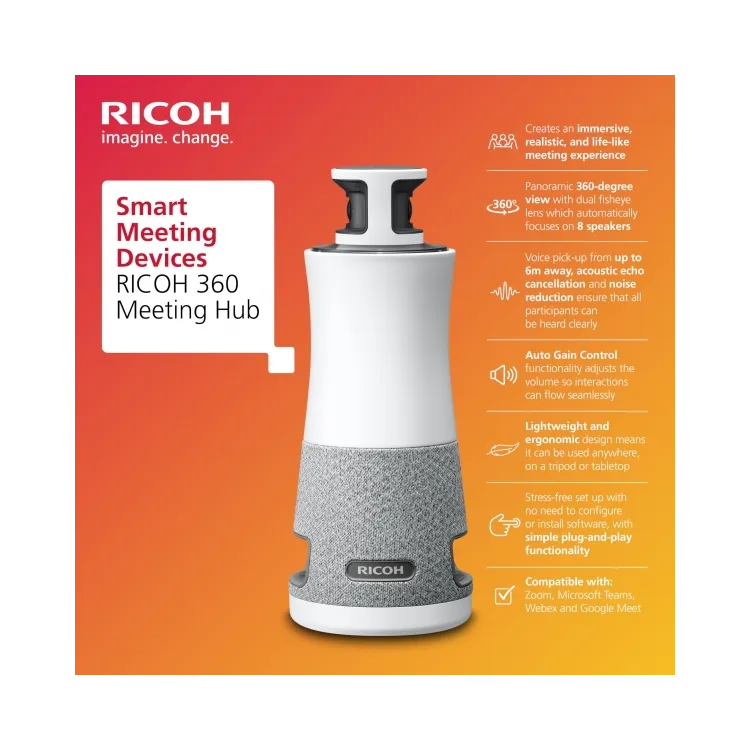 PFU Ricoh Conference system 360 Meeting hub, 3-in-1, 360, Plug-and-Play Conference Camera/Microphone/Speaker, Camera 1920x1080,