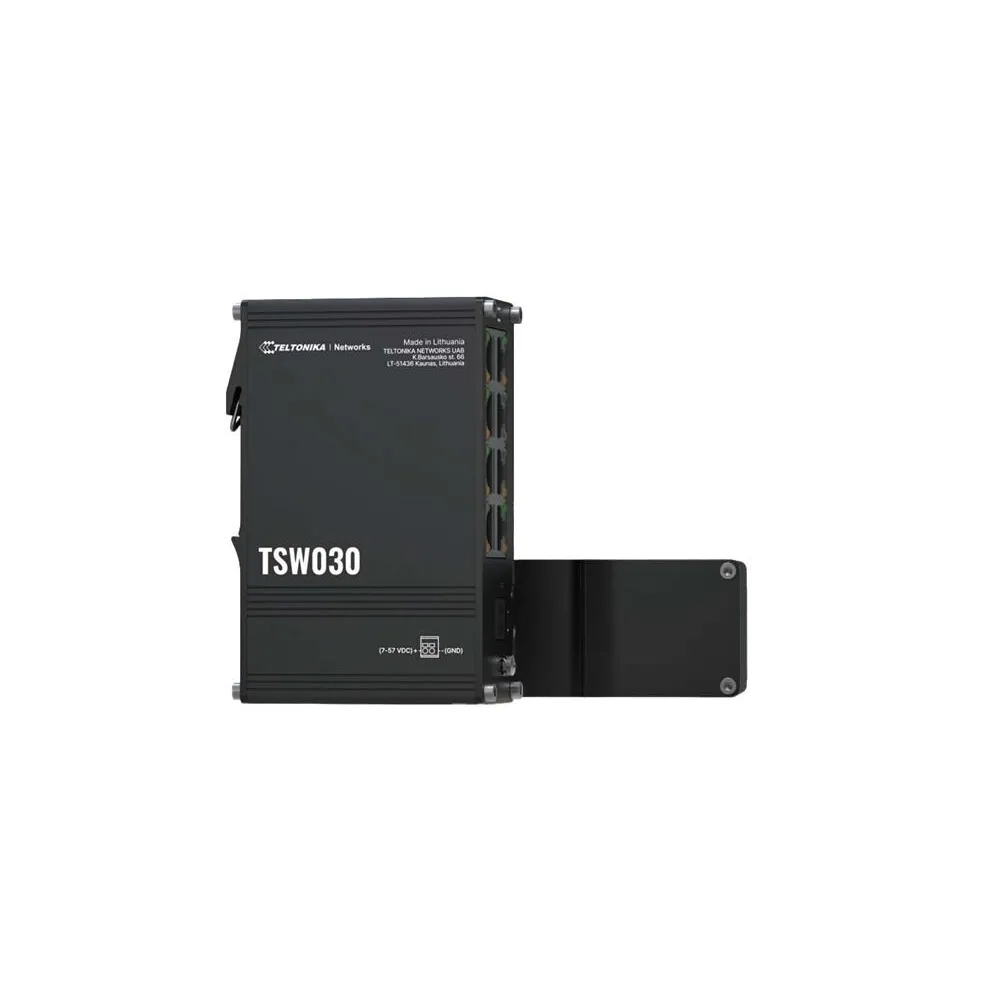 Teltonika Switch TSW030, 8x 10/100 Mbps RJ45 ports, IP30, unmanaged, plug-and-play, integrated DIN rail mounting, wall mounting,