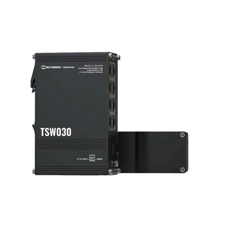 Teltonika Switch TSW030, 8x 10/100 Mbps RJ45 ports, IP30, unmanaged, plug-and-play, integrated DIN rail mounting, wall mounting,