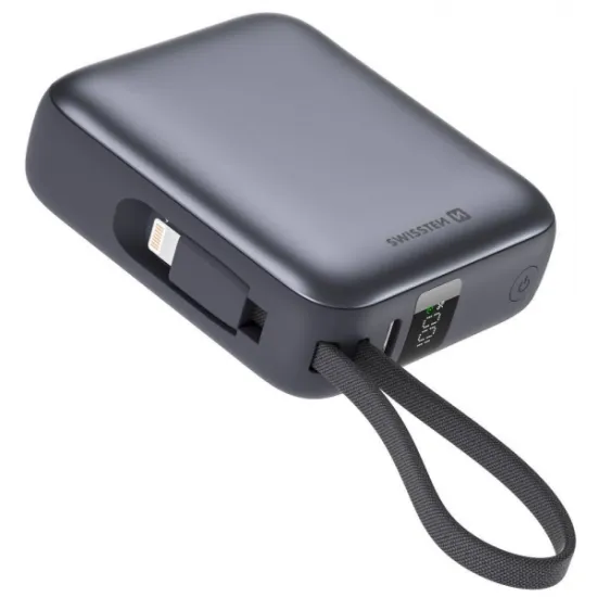 Swissten POWER BANK 10000 mAh WITH BUILT-IN CABLES USB-C AND LIGHTNING SPACE SILVER