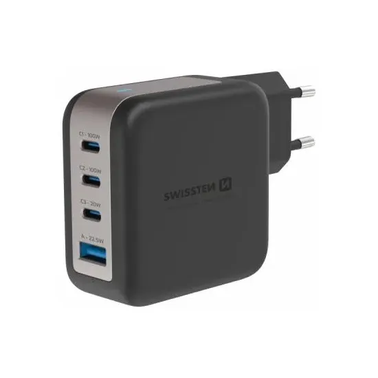 Swissten Travel Charger GaN 3x USB-C 100W PD + 1x USB-A 18W QC Black