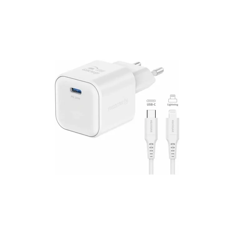 Swissten Travel charger GaN 1x USB-C 20W PD white, data cable USB-C/Lightning 1.2, white