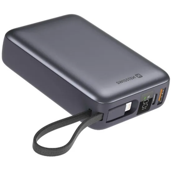 Swissten Power bank 20000 mAh with built-in cables USB-C and Lightning Space silver