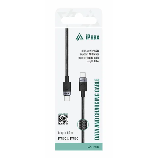 iPEAX Kabl Textile Type-C/Type-C 1m, USB 2.0 Black