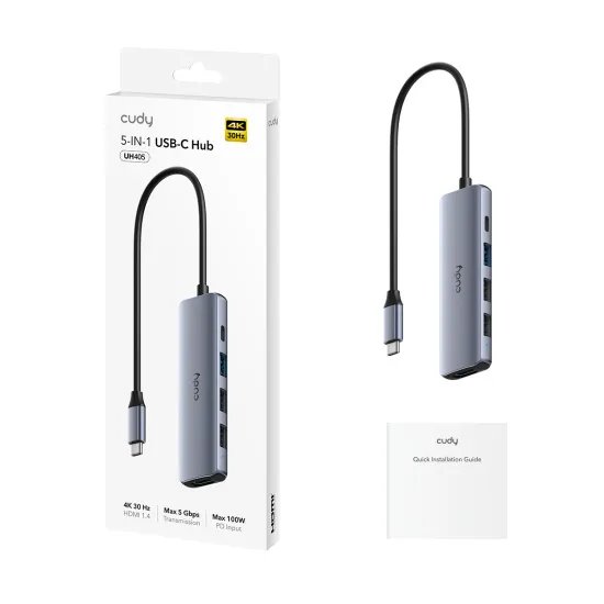 CUDY HUB 5-in-1 1x HDMI 4K, 1x USB Type-C PD 100W, 1x USB A 3.2, 1x USB A 2.0