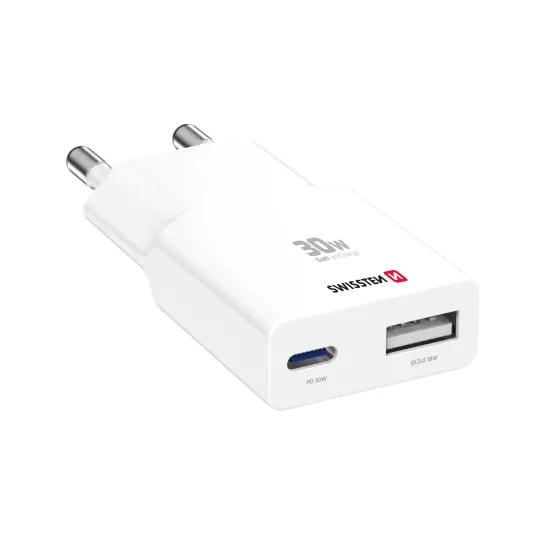 Swissten Travel Charger Slim GaN USB-C / USB 30W - White